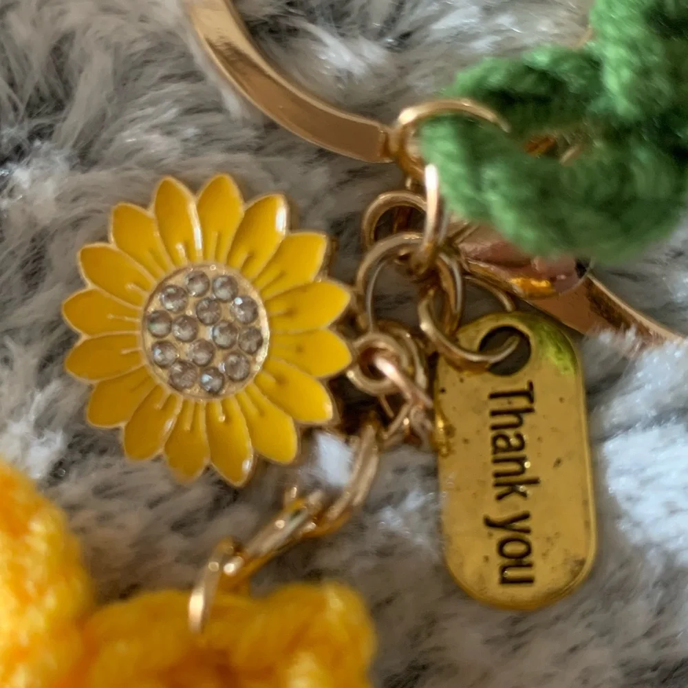 Crocheted Yellow and Brown Sunflower and Green Leaf Goldtone Keychain Bag Charm